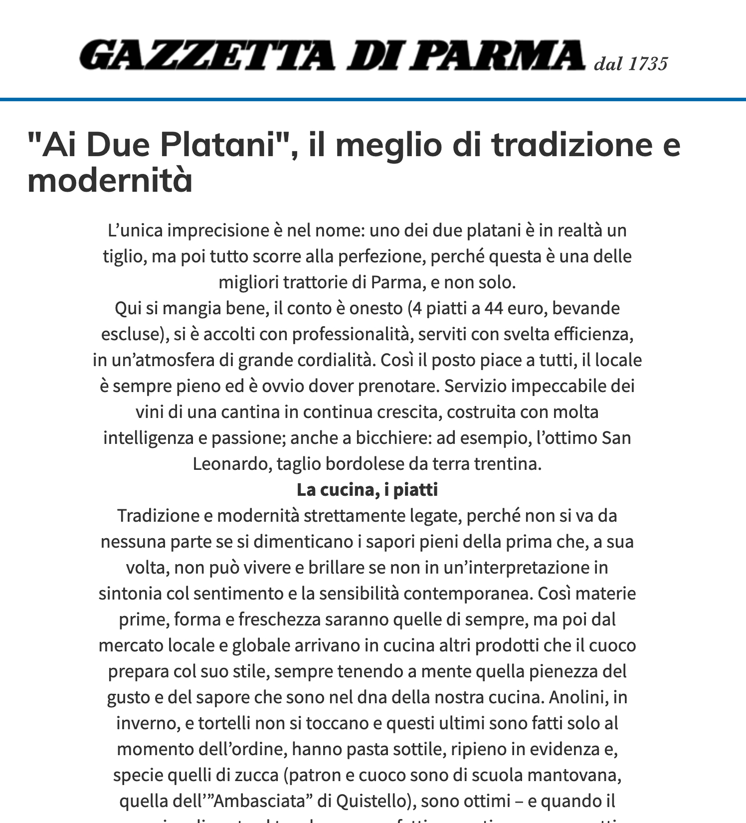 ai due platani Gazzetta di Parma